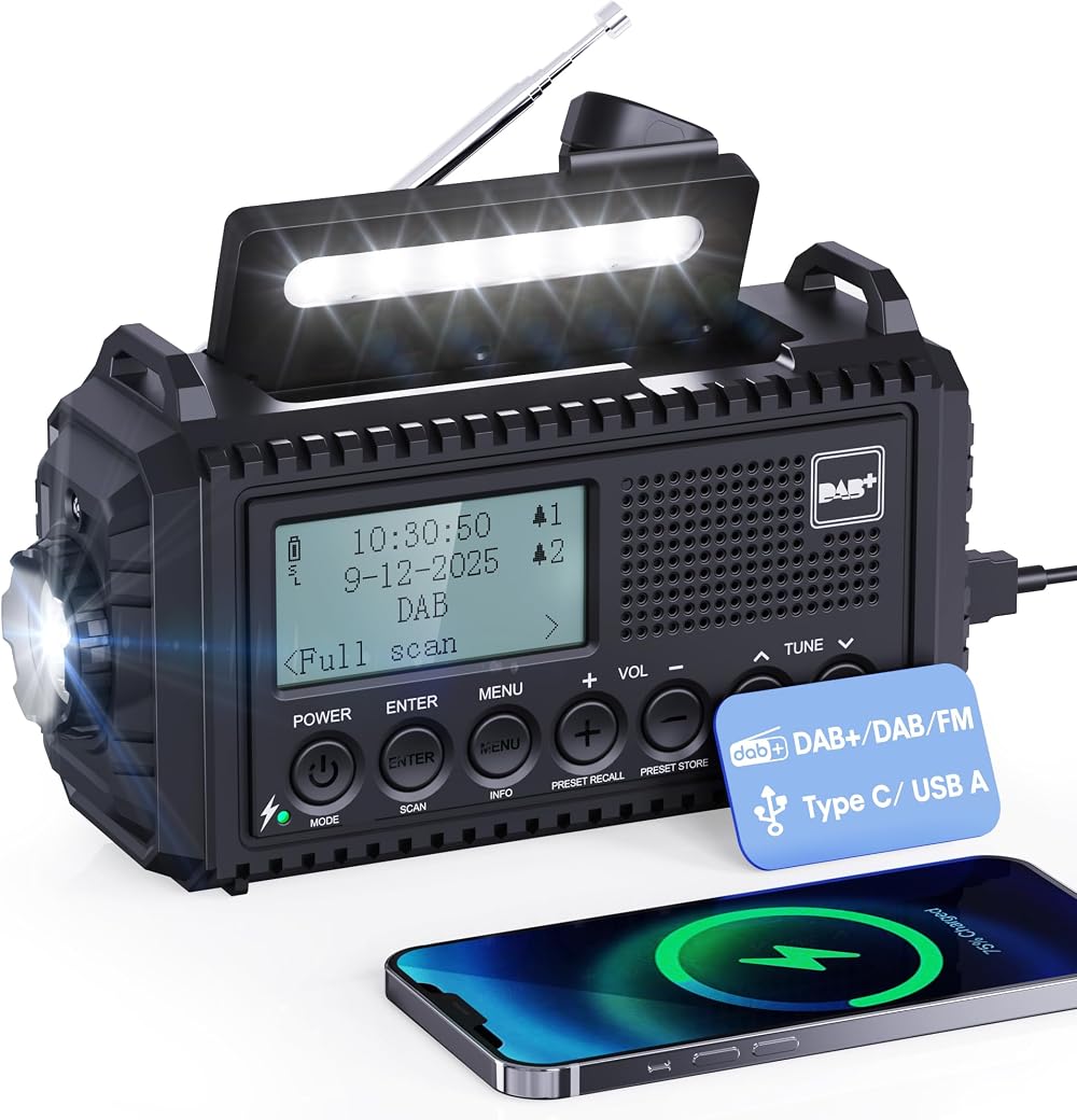 Mesqool DAB Wind Up Radio 5000mAh Solar Powered SOS Alarm USB Charge