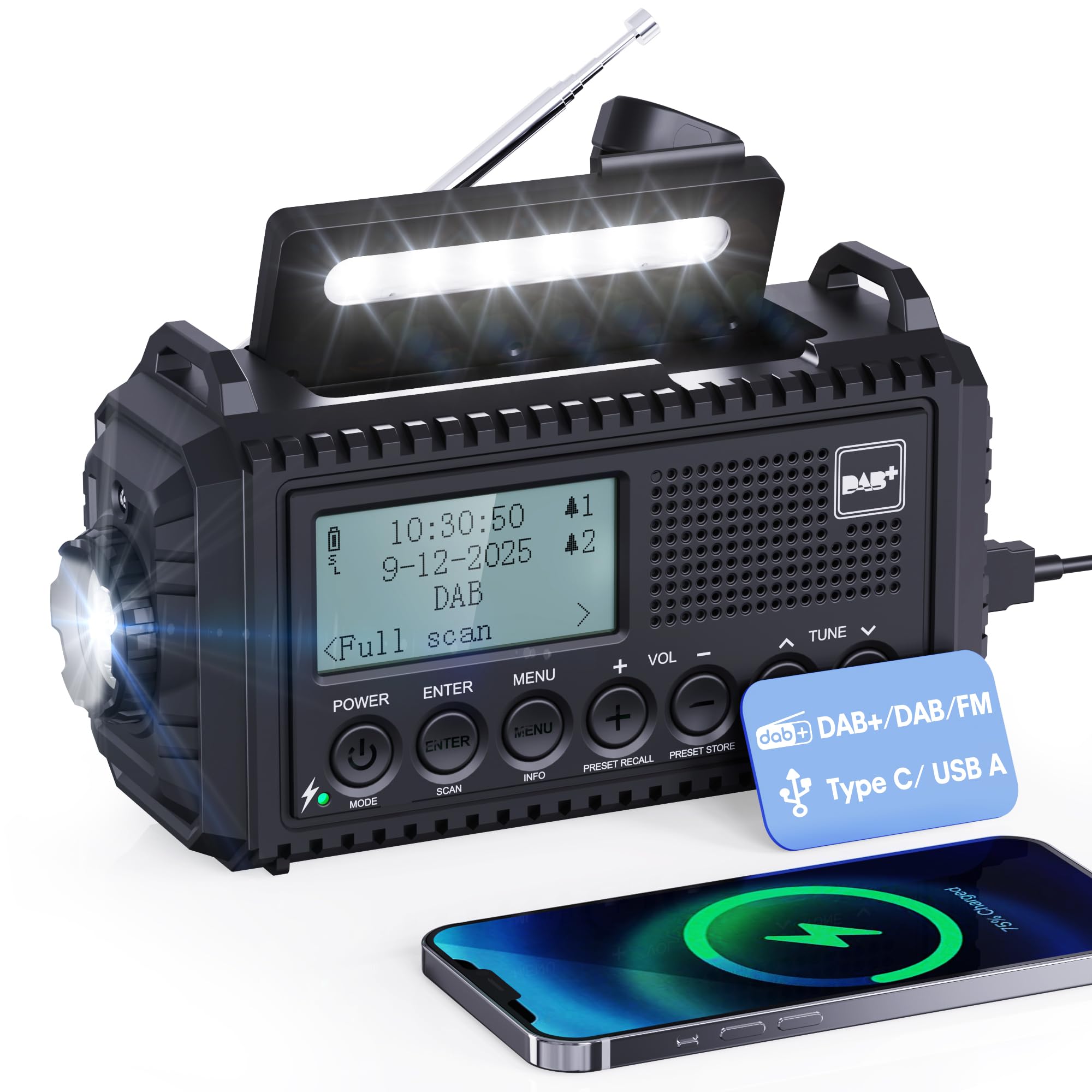 Mesqool Dab Wind Up Radio, 5000 mAh Solar Powered Emergency Radio with SOS Alarm, Hand Crank Radio with USB Phone Charger, Portable Dab Radio with Flashlight, Headphone Jack and Dual Alarm for Camping
