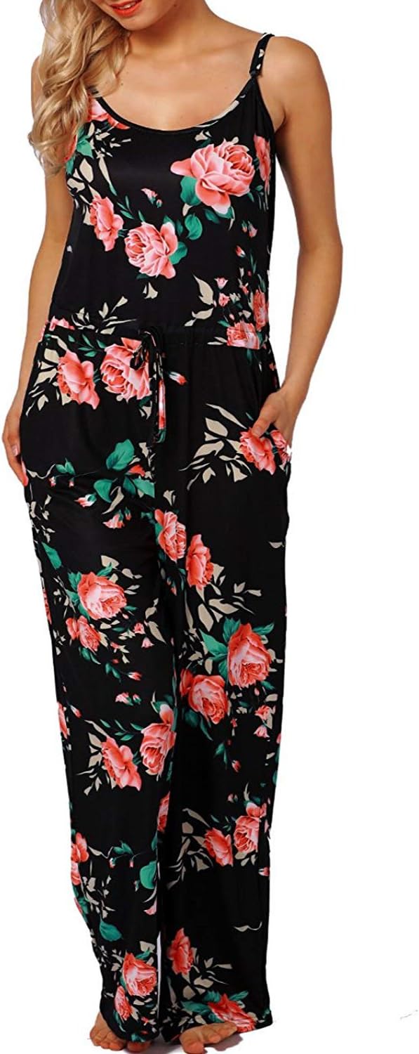 Women's Floral Printed Jumpsuits Solid Rompers Casual Comfy Striped Jumpsuit with Pockets