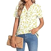 CATHY Womens Summer Tunic Tops Short Sleeve V-neck Henley Shirts Trendy Button Blouses