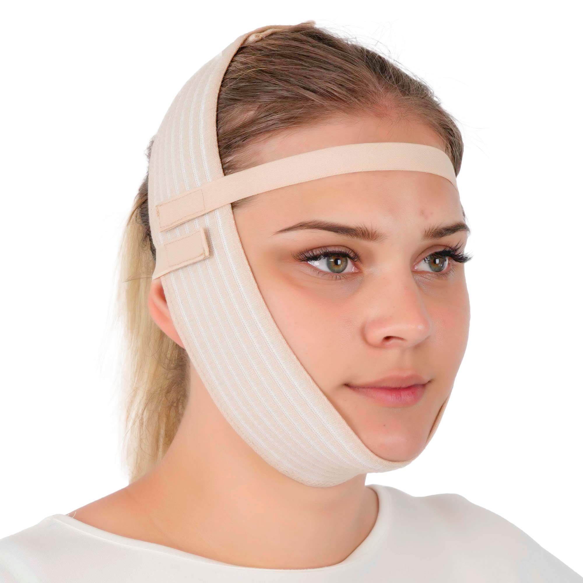 Photo 1 of Post Surgery Facial Compression Garment Chin Strap Band, Double Chin Face Wrap Tape, Jawline Exerciser, Face Slimmer, Jowl Tightening, Chin Lifting Belt (Beige)
