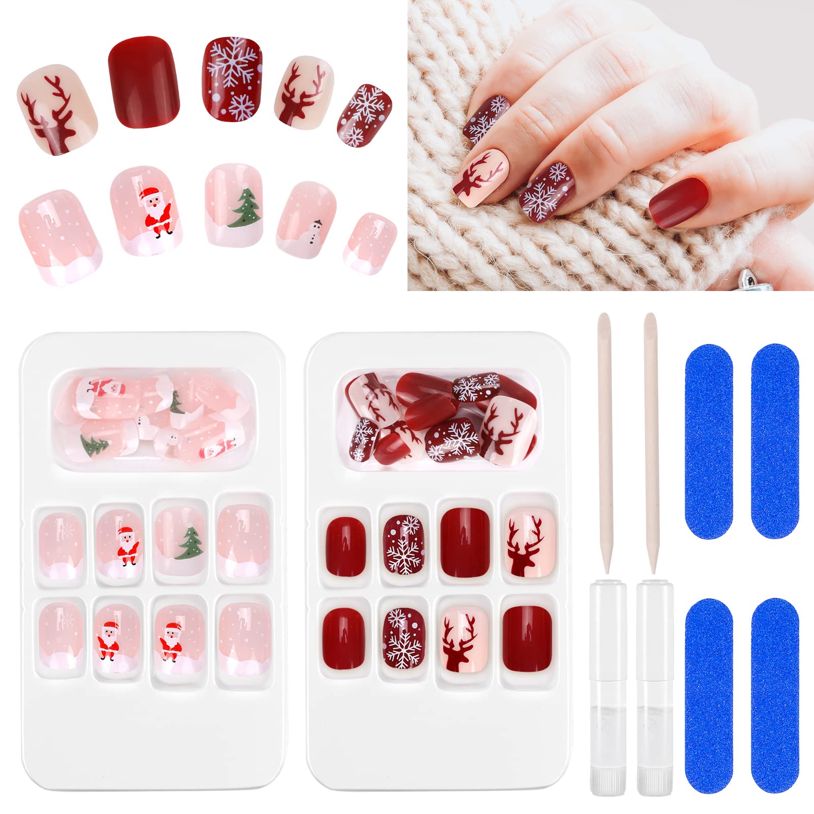 48 Pieces Christmas False Nails Short, Artificial Press on Nails Full Cover Fake Nail, Acrylic Christmas Nail Tips in 12 Different Sizes Stick on Nails for Women Nail Art Decoration