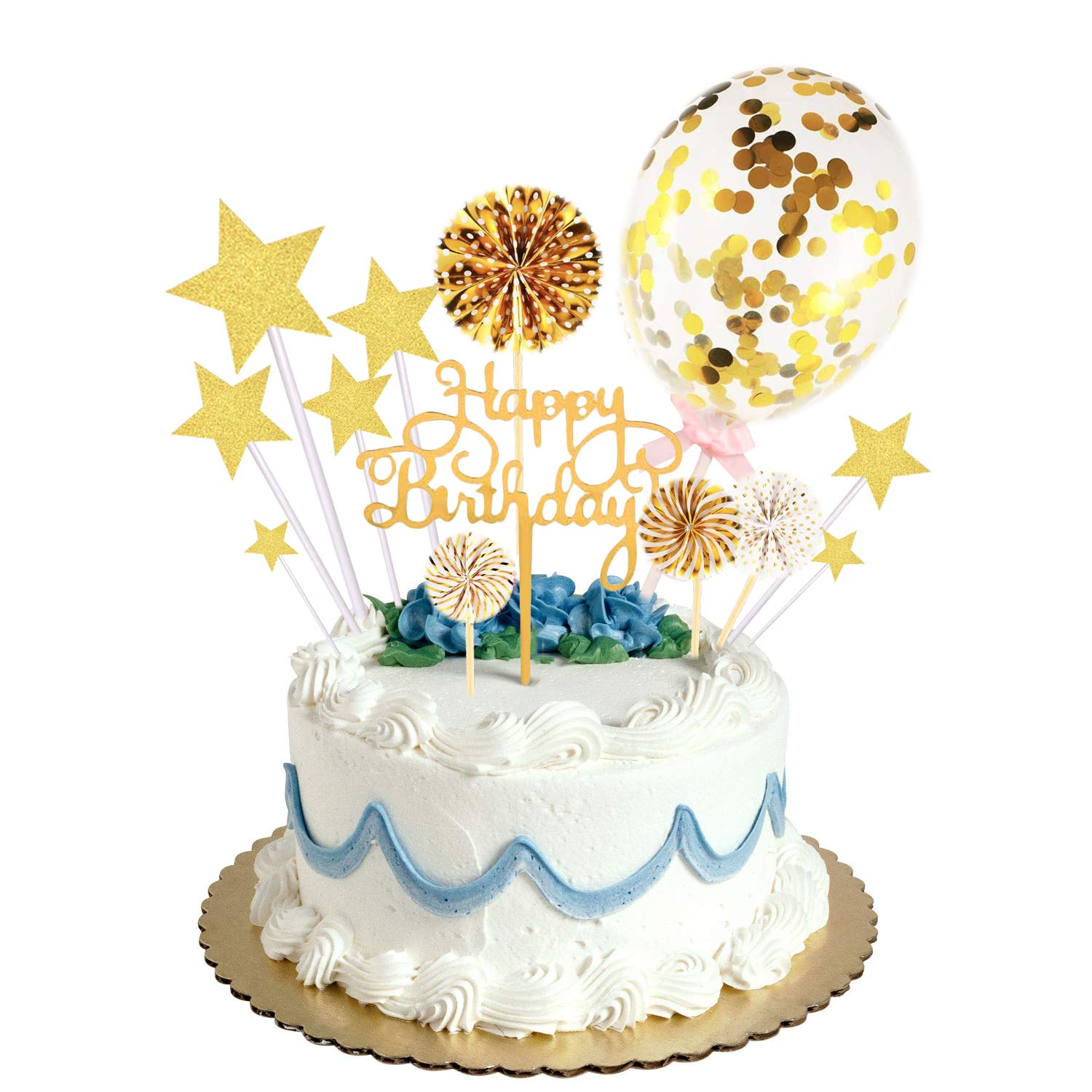 Happy Birthday Cake Topper Glitter Gold Kit,Personalised Cake Toppers for Men Boys Women Girls Birthday Party Cake Decorations Kit with Star Heart Cupcake Topper