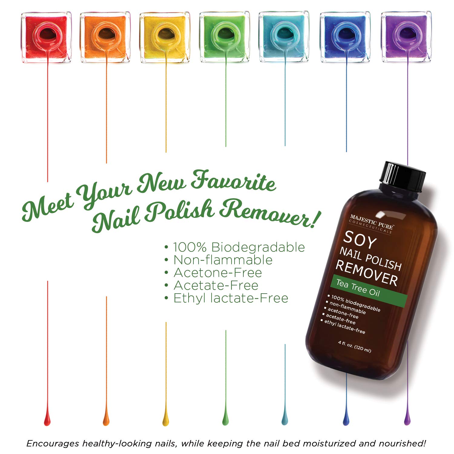MAJESTIC PURE Soy Nail Polish Remover - Natural Acetone Free for Fingernail - Infused with Tea Tree Oil - Safe, Healthy, Gentle, Strengthening and Non Toxic - 4 fl oz : Beauty