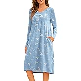 Becotal Nightgowns for Women Floral Print House Dresses Pleated Sleepwear Long Sleeve Sleep Shirts Mumu Dresses with Pockets