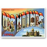 GREETINGS FROM DES MOINES, IA vintage reprint postcard set of 20 identical postcards. Large Letter Des Moines, Iowa city name post card pack (ca. 1930's-1940's). Made in USA.