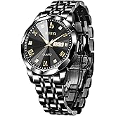BUREI Men Watches Fashion Business Analog Quartz Stainless Steel Waterproof Watches Diamond Luminous Date Dress Wrist Watch Luxury Casual Wrist Watch with Weeks,Gifts for Men（Black）
