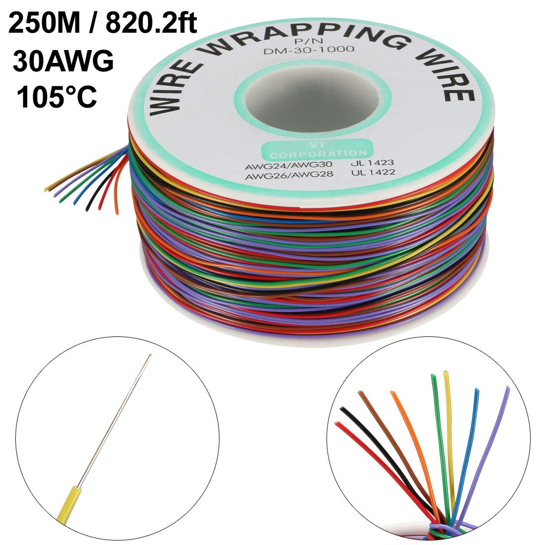 sourcing map Wrapping Wire Tin Plated Copper Wire PCB Solder Wires Cable P/N DM-30-1000 30 AWG 250M Length 8 Colors for Eletronic Test - Image 3