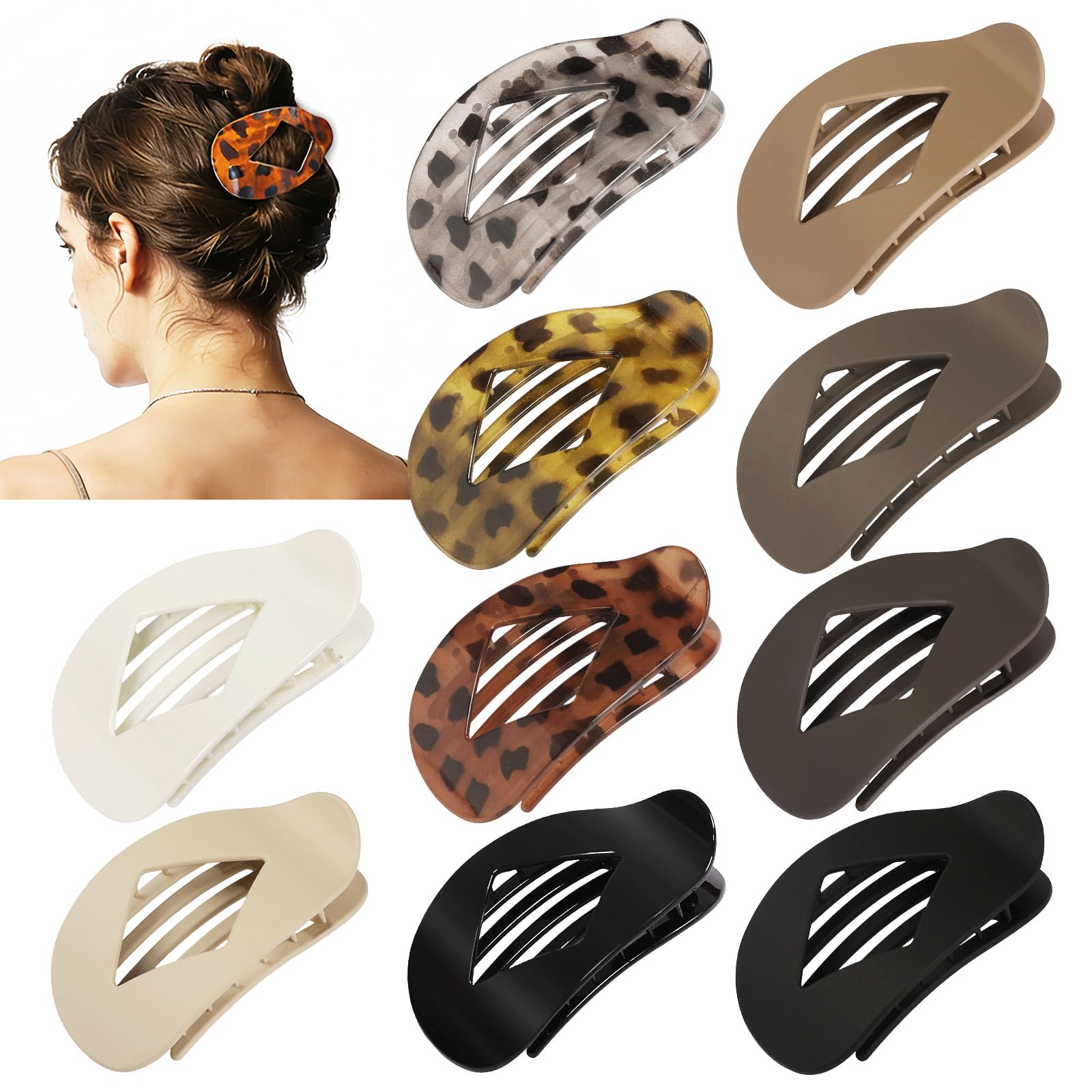 Photo 1 of 10 PCS Flat Hair Clips for Women - Large Matte & Tortoise Hair Claw Clips, 4.2 Inch Strong Hold Non-Slip Jaw Clips for Thick/Thin Hair, Neutral Leopard Hair Accessories for Daily Styling(Leopard)