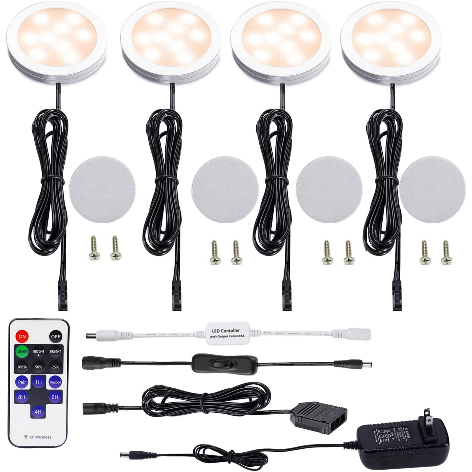 Photo 1 of AIBOO LED Under Cabinet Lighting Kit 4 Packs 12V Low Profile Puck Lights with Dimmable Wireless RF Remote for Kitchen, Counter, Gun Safe Lighting(Warm White)