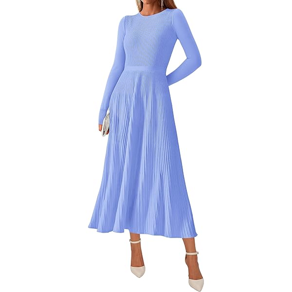 dress pleated women s winter sweater Winter Maxi Knit Dress for Women - Fit and Flare, Long Sleeves, Round Neck  - Midi, Aline