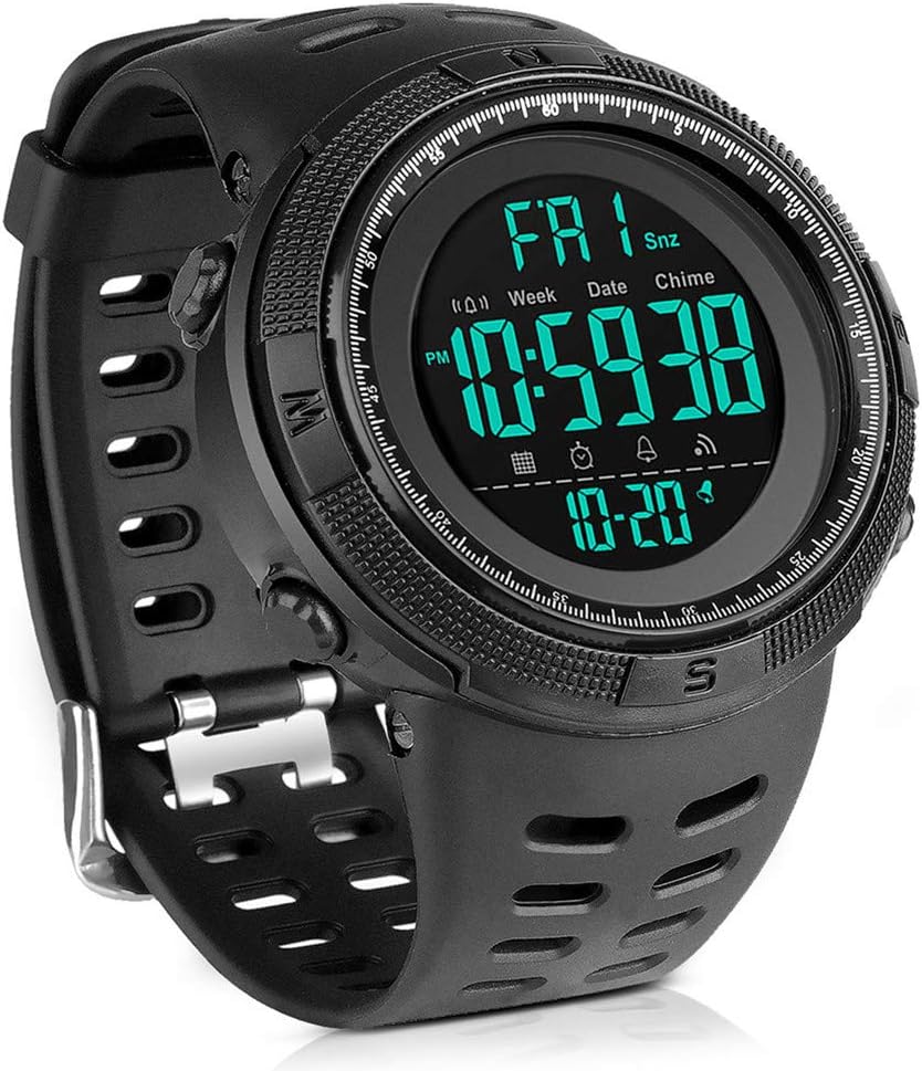 YEENIKMen's Digital Sport Watch Led Electronic Military Wrist Watch with Alarm Stopwatch Dual Time Zone Count Down EL Backlight Calendar Date Window -All Black
