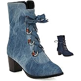 Helenbra Women's Denim Lace up Mid-Calf Booties,Retro Chunky Heel Side Zipper Office Work Mid Heel Anti-Slip Bootie Winter Dress Chelsea Short Boots Classic Snow Boots