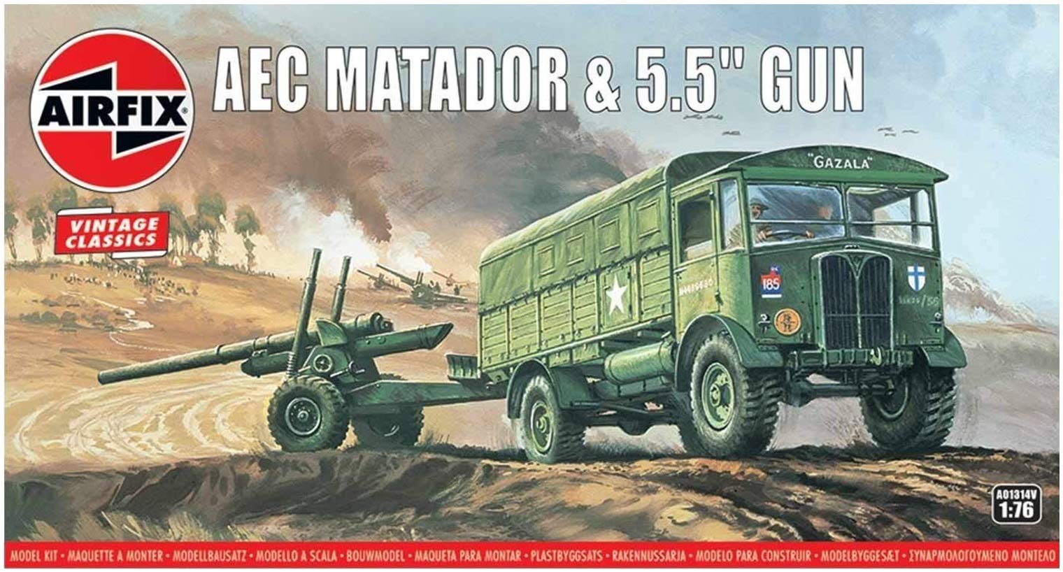 Airfix Vintage Classics Set - A01314V AEC Matador & 5.5inch Gun - Plastic Model Tank Kits for Adults & Children 8+, Set Includes 67 Pieces, Sprues & Decals - 1:76 Scale Model Tank Set