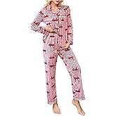 WDIRARA Women's 2 Piece Bowknot Print Satin Pajama Set Long Sleeve Button Down Lounge Pants Sleepwear Sets