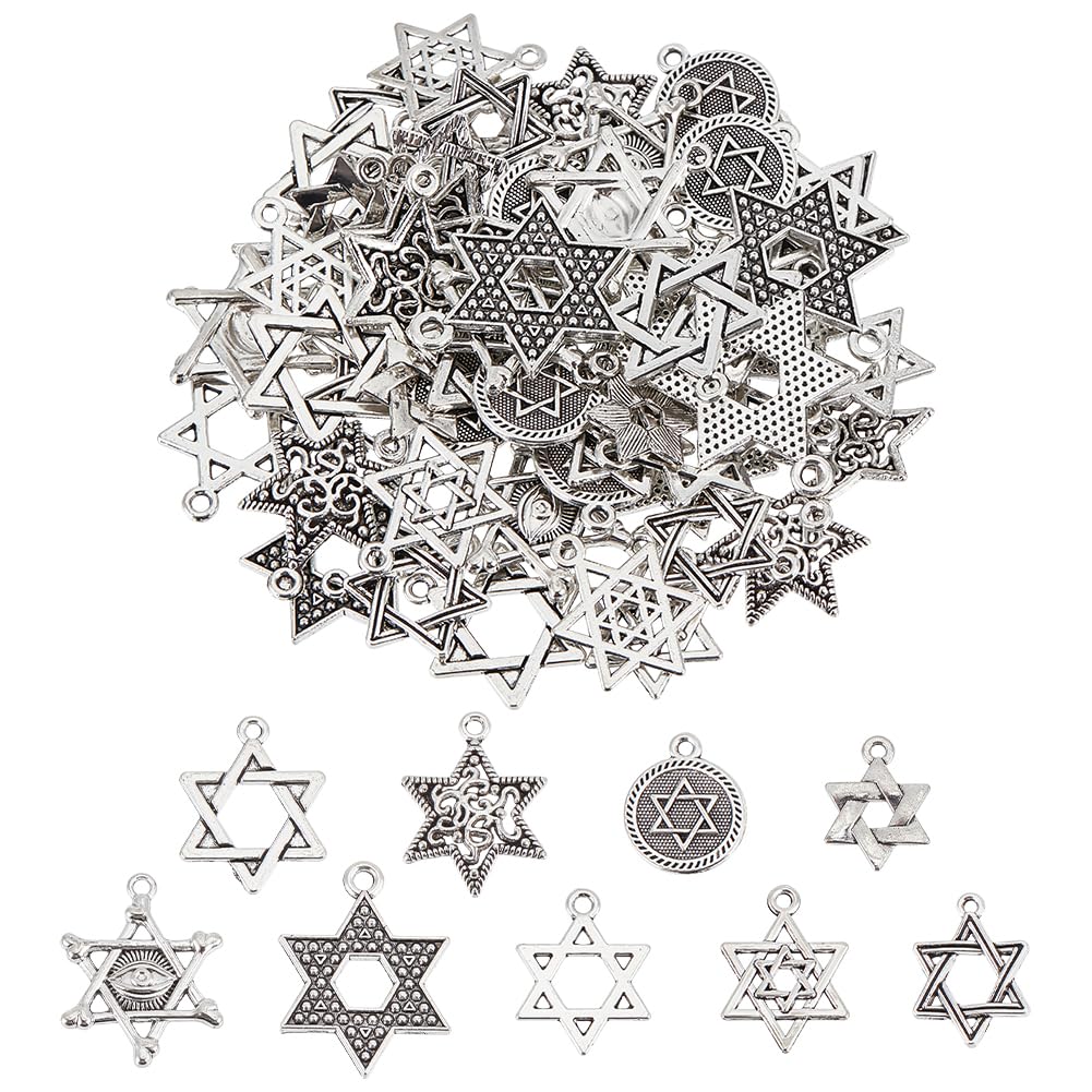 SUNNYCLUE 1 Box 72Pcs 9 Styles Star of David Charms Magen David Star Charm Hexagram Tibetan Silver Six Point Star Lucky Magic Charm for Jewellery Making Charms Supplies DIY Necklace Bracelet Earrings