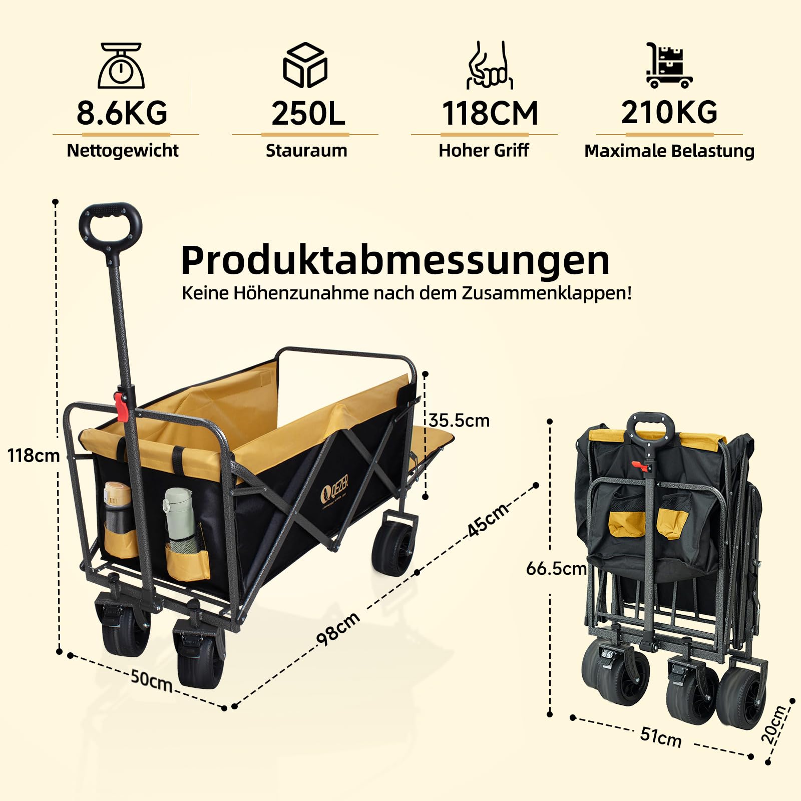 QEZER Bollerwagen faltbar,Tragfähigkeit 210 kg, Multifunktionaler Faltwagen mit geländegängigen Rädern, tragbar für Camping, Garten, Einkaufen und Strand 2