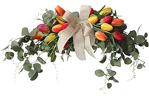 ASSR 29.5inch Tulip Floral Swag, Artificial Mixed Eucalyptus Leaves Swag with Multicolor Tulips for Easter Spring Wreath