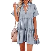 Dellytop Womens Drawstring V Neck Dress Ruffle Tiered Short Sleeve Babydoll Tunic Swing Sundresses