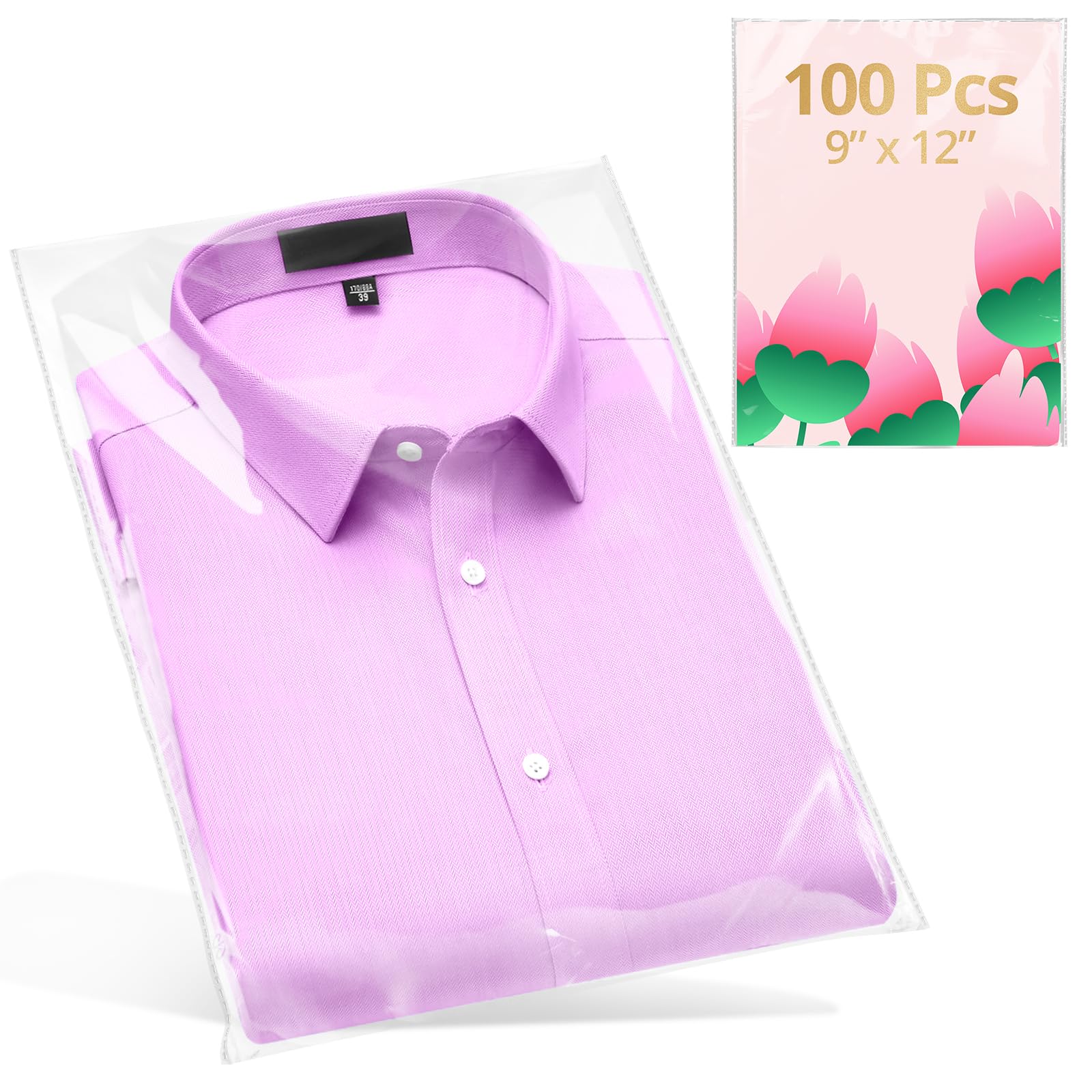 Photo 1 of 100 Pcs Clear Self Sealing Cellophane Bags 9x12 Inches for Packaging Clothes, Resealable Poly Plastic Shirt Bags for Small Business, Plastic Sleeves for Magazine A4 Letter Size Artwork (2.8Mils)