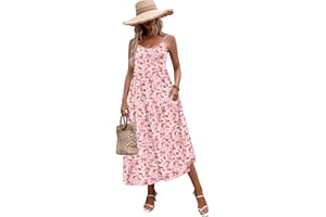 Zeagoo Womens Summer Long Dress Adjustable Spaghetti Strap Floral Casual Dress with Pockets Flowy Tiered Beach Sundress