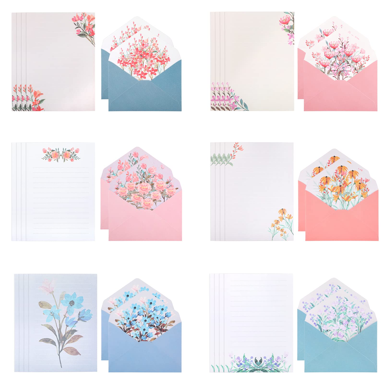 Writing Paper and Envelopes Set, 24 Pcs Stationery Papers with 12 PCS Envelops, Unique Flower Design Lined Letter Writing Set, Writing Stationery Paper for Invitation Gifts Greeting Cards(6 Sets)