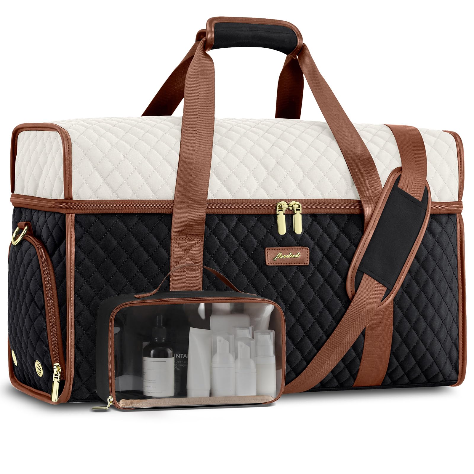Photo 1 of Weekender Travel Duffle Bag for Women: Overnight Bags with Shoe Compartment Carry on Bags for Airplanes with Toiletry Bag Weekend Yoga Gym Bag with Wet Pocket Black White Brown