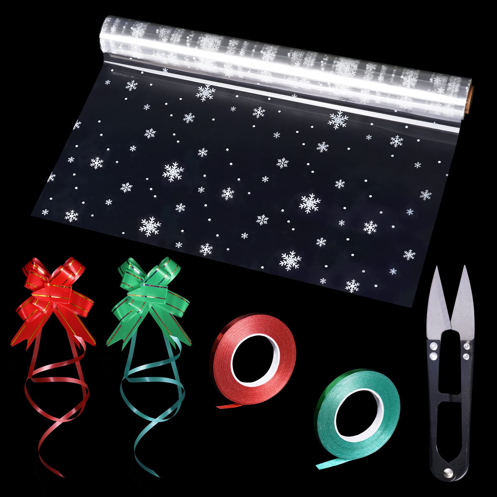 Cellophane Wrap Roll, PYGHAP Clear Cellophane Wrap for Hampers with Pull Bows, Ribbons & Scissor, for Christmas, Easter, Birthday Gift, Valentine's Day Flowers, 40CM x 30M (Snowflake Cellophane Roll)