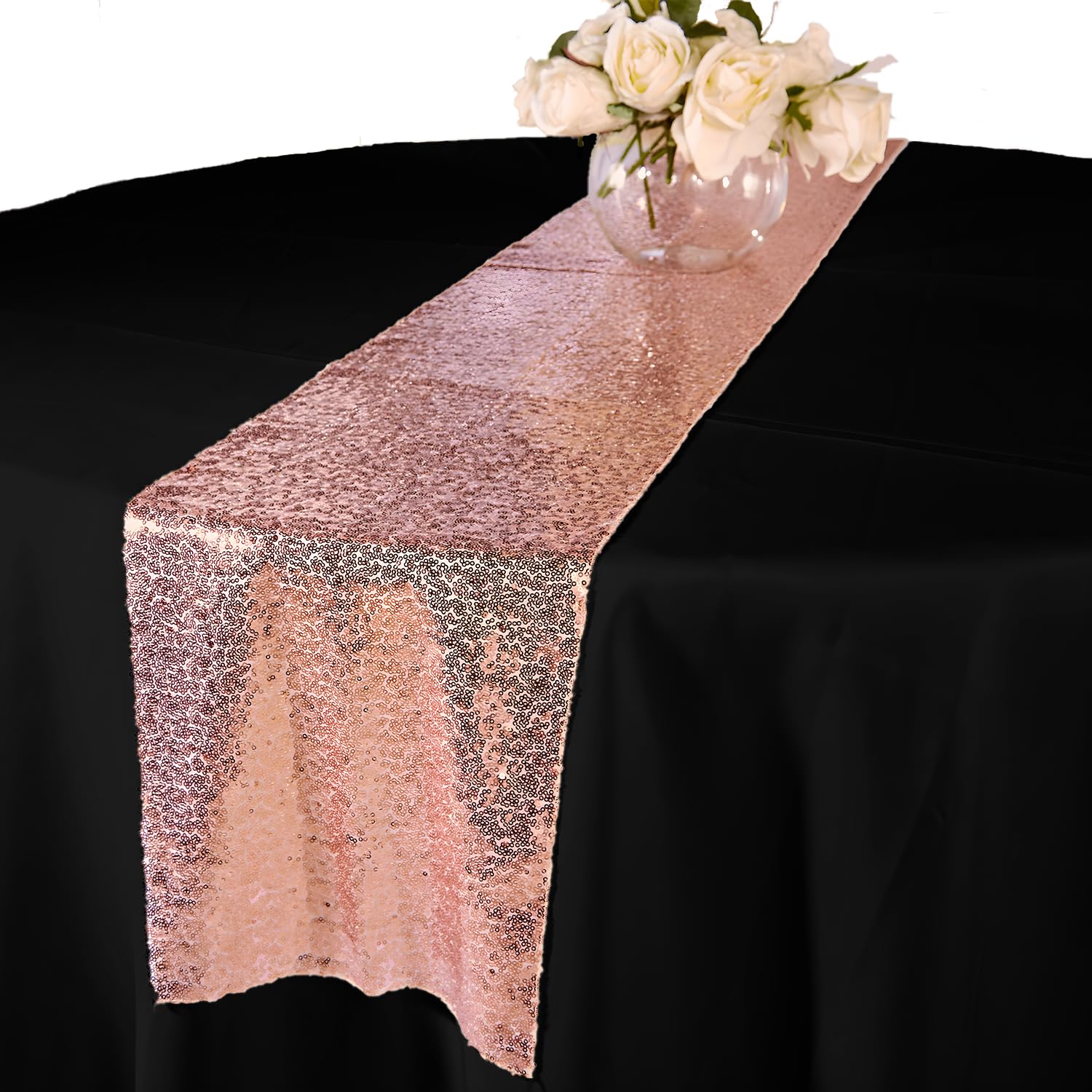 Elegant Event Essentials – Sequin Party Long Table Runner – For Spring Party, Wedding, Reception, Banquet, Home Dining Space Christmas Centrepiece Decoration (12” x 108”/30.48 x 274.32cm) - Rose Gold