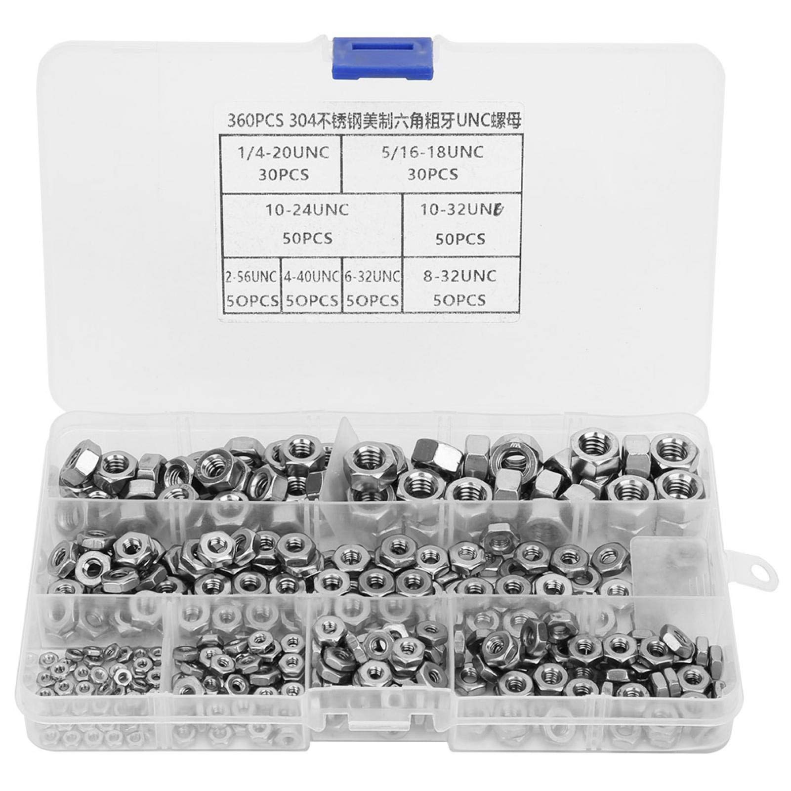Hex Nuts,360Pcs Stainless Steel Hex Nuts Nuts Assortment Kit Coarse Thread American System Lock Nuts Hex Nuts Assortment Kit Insert Nut Assortment Kit with Box,for Screw Bolt