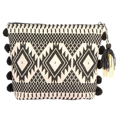 STRIPES Womens Multipurpose Jute Clutch Bag with Pompom and Tassles (24x18.5x6, Black)