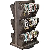 Ikee Design Two-Sided Rotating Wooden Jewelry Bracelet Display Stand-6 Removable Holders, 3 Tier Bar Bangle Organizer-Perfect for Bracelets and Jewelry Display, Dark Brown Color