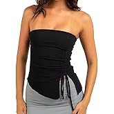 MISSACTIVER Women’s Strapless Sleeveless Tube Top Mesh Double Layer Ruched Side Asymmetrical Lace Up Bandeau Cami Tank Tops
