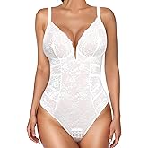 Popilush Lace Body Suits Women Tummy Control Shapewear Bodysuit Deep V Neck Backless Corset Tops Thong Body Shaper