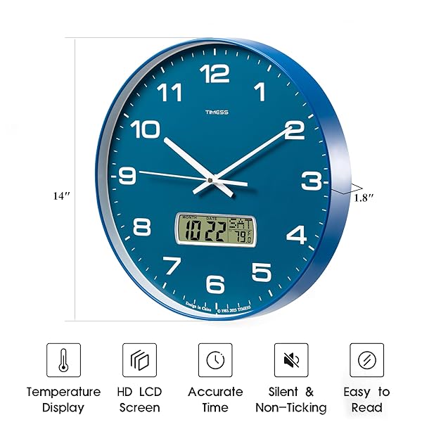 TIMESS WALL CLOCK, 14″ LARGE DIAL NON-TICKING SILENT BATTERY OPERATED ANALOG WITH LCD DISPLAY FOR PERPETUAL CALENDAR AND F° TEMPERATURE, IDEAL MODERN HOME, BEDROOM, KITCHEN, OFFICE DECOR (BLUE)