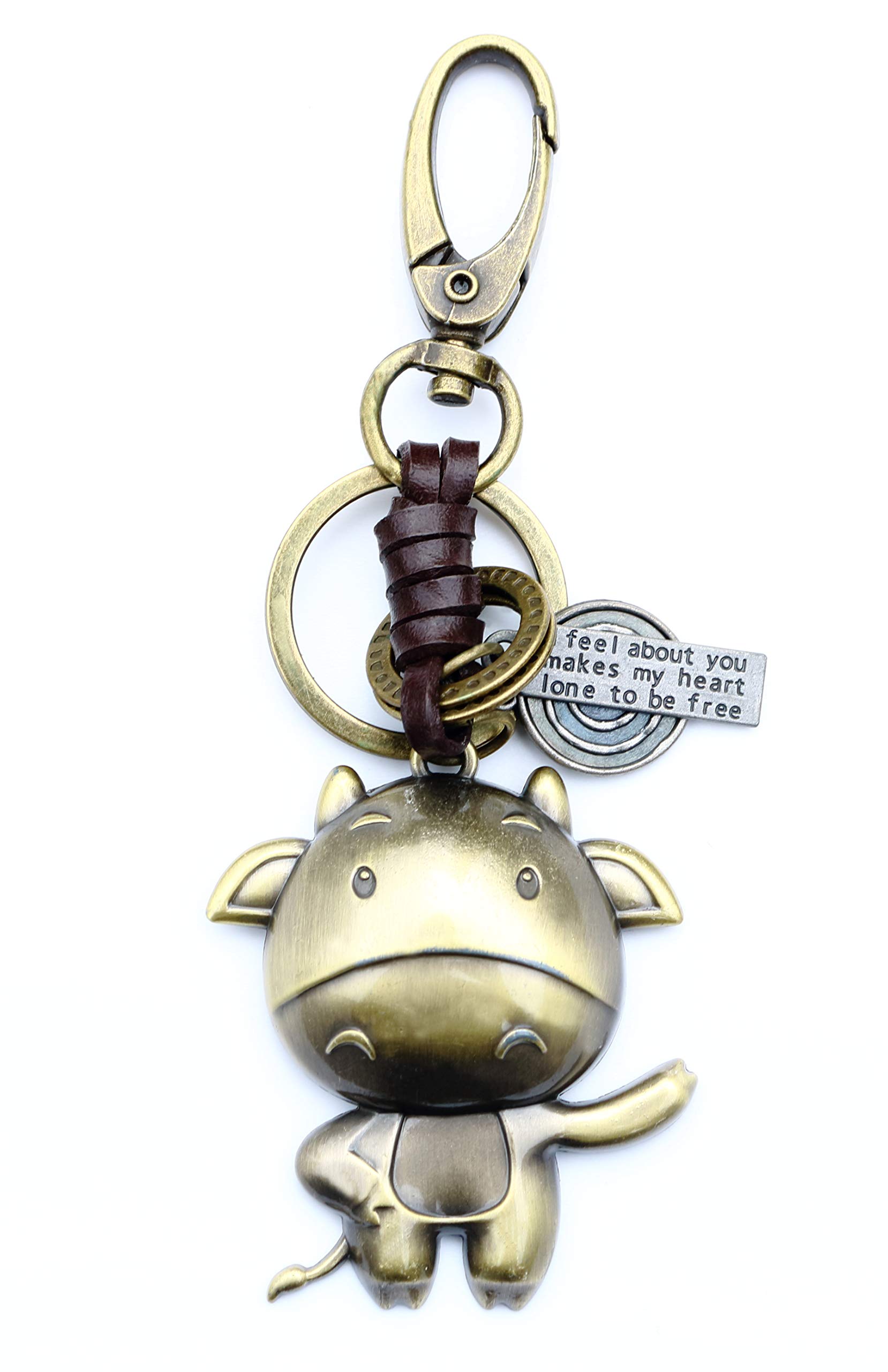 AuPra Funny Cow KeyRing Gift Idea Women & Men Leather New Home Vintage Animal Lovers KeyChain | Mum & Dad Novelty Friendship Charm Key Ring Present | Girl & Boy Cute Best Friend Mini Pendant
