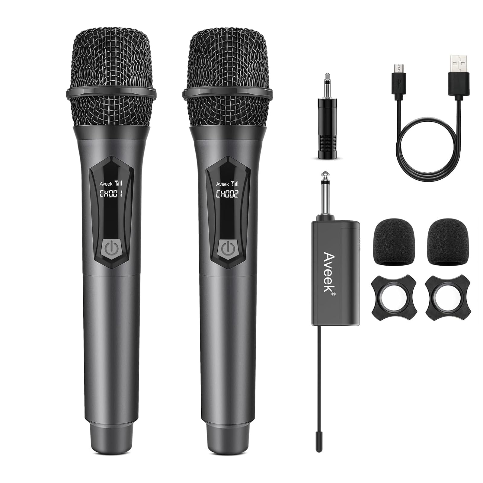 Aveek 2.4GHz Wireless Microphones, Karaoke Microphone for Speakers with Rechargeable Receiver, Dual Handheld Cordless Dynamic Mic for Singing, Party, DJ, Wedding, Speech, Church, Home KTV (2 Packs)