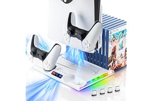 Honghao Stand for PS5 Slim and Cooling Station, with 2 Controllers Charging Dock and Cooling Fan, Vertical PS5 Slim Disc Digital Stand for PlayStation 5 Slim Accessories with 8 Game Slots,White