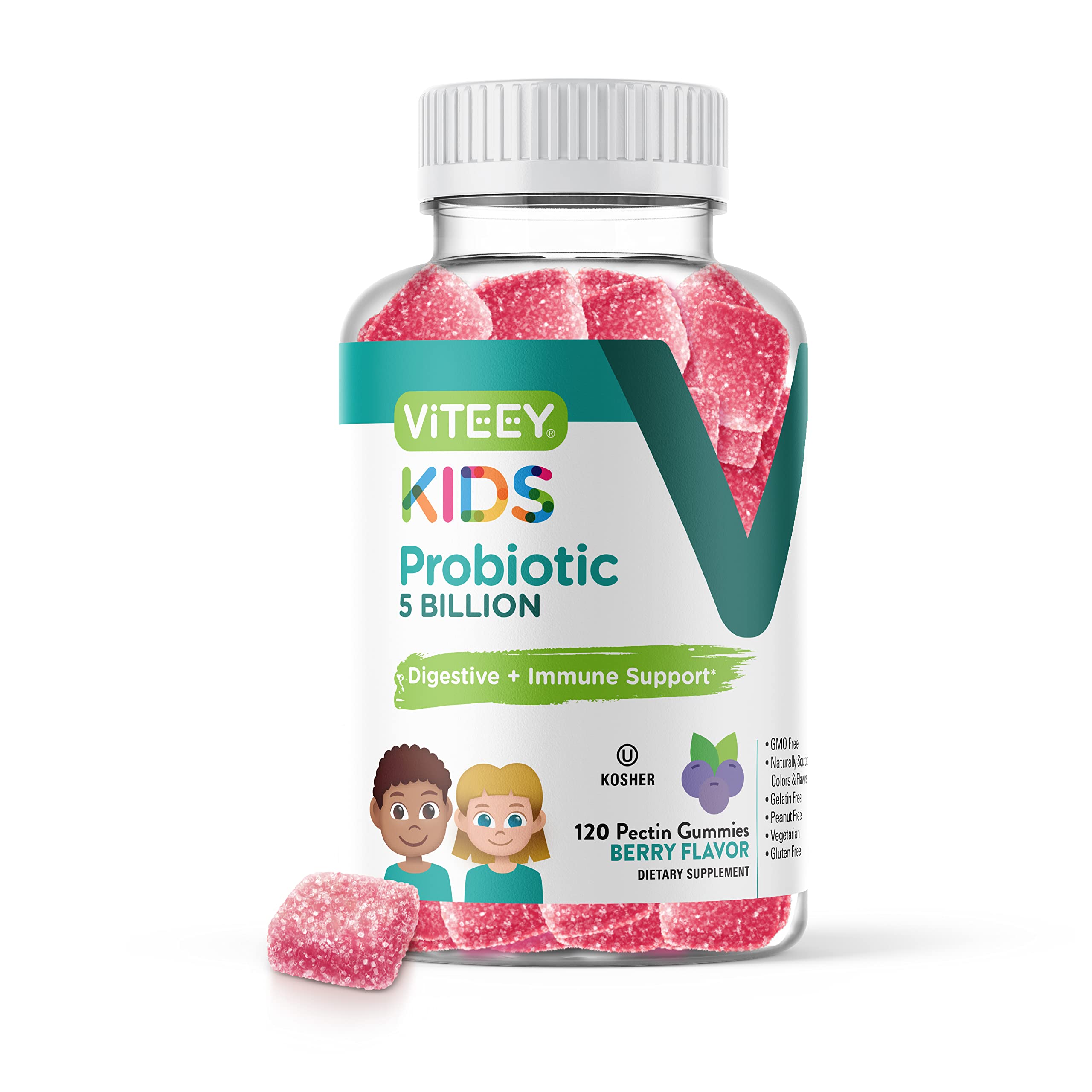 Probiotic Gummies for Kids - 5 Billion CFUs - Probiotics Kids Constipation Relief, Natural Immune & Digestive Health Support - Vegetarian, Gelatin Free, GMO Free - Tasty Chewable Berry Flavored Gummy