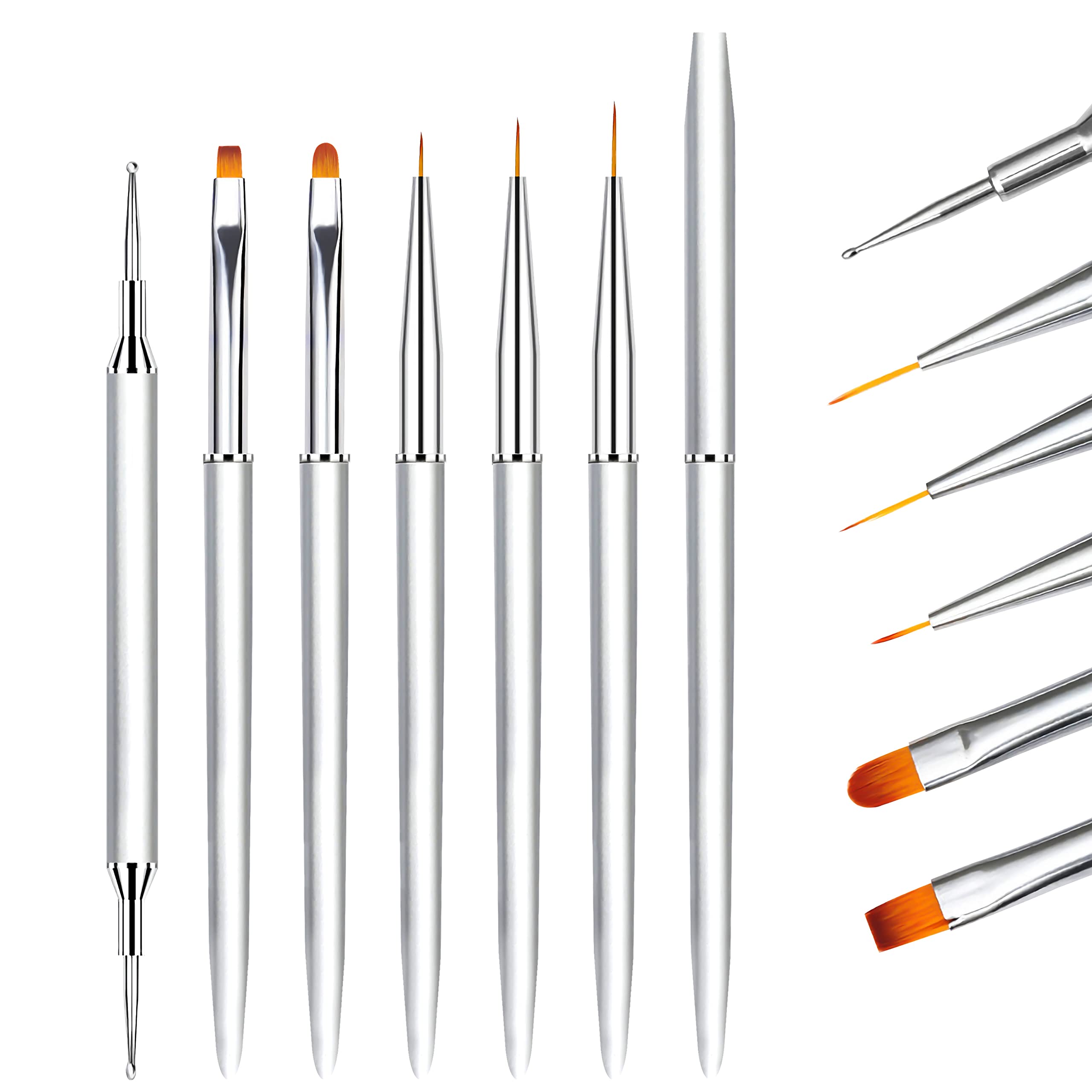 6PCS Nail Art Brushes Set for Gel Nail with Lid and Dotting Tool, LEA-SHALL Liner/Flat/Round/Dot UV Builder Nail Painting Pen Kit Fine Brush DIY Decoration Home Salon Design Aluminum