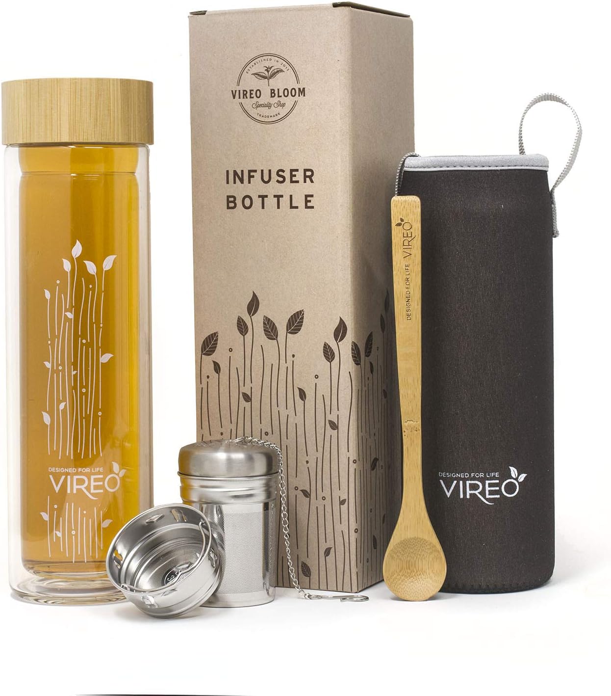Tea Infuser Double-Wall Glass Water Bottle: VIREO Coffee Mug with Bamboo Plastic-free Cap | 450ml Travel Coffee Mug | Lose Tea Steeper | Brewer | Fruit Water Pitcher | Neoprene Case Bamboo Scope Inc.