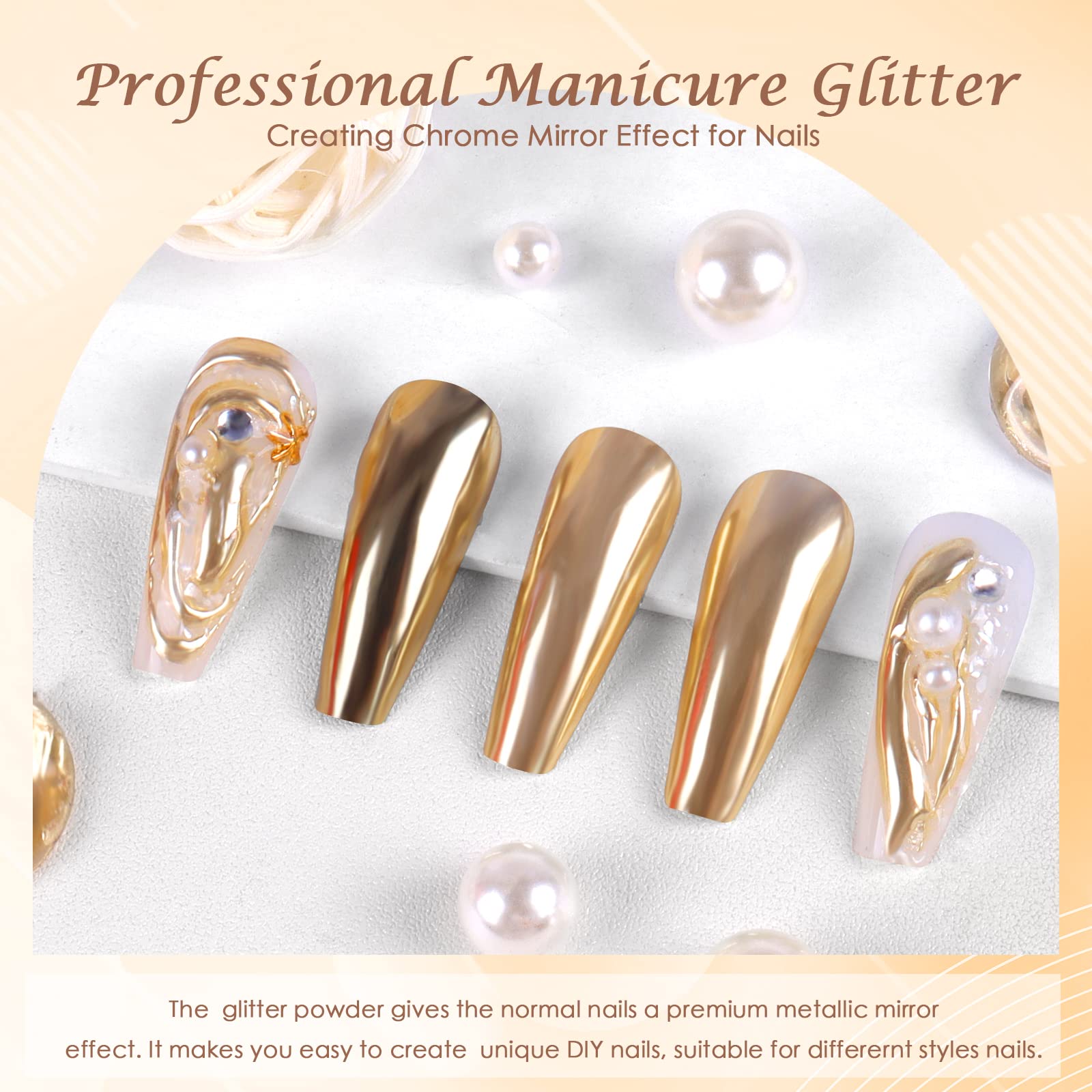 Laza Chrome Nail Powder Mirror Effect Metallic Dust Holographic Glitter Glazed Manicure Decoration Reflective Pigment for DIY Gel Polish Nail Art, Resin Craft, Gifts - Gold - Image 2