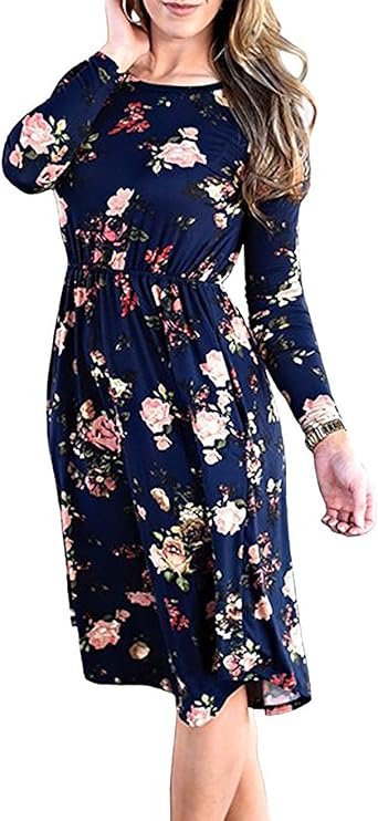 navy floral long sleeve pleated midi dress