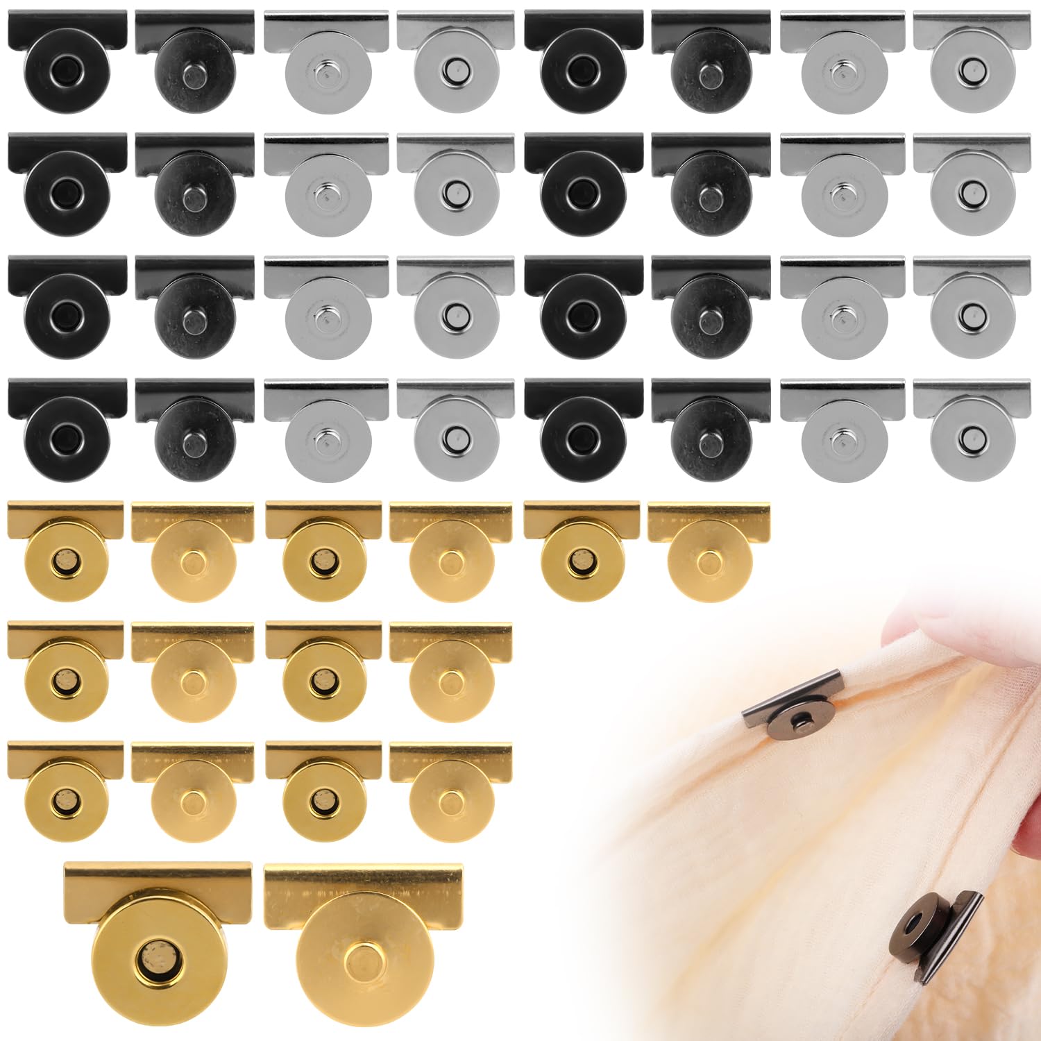 Photo 1 of 24 Sets Magnetic Snaps, Magnetic Buttons Sew On Clasps Snap Fastener Magnets No-Sew Closure for Purses Bags Totes Clothes Leather Sewing Craft (Dark Gray, Gold, Silver)