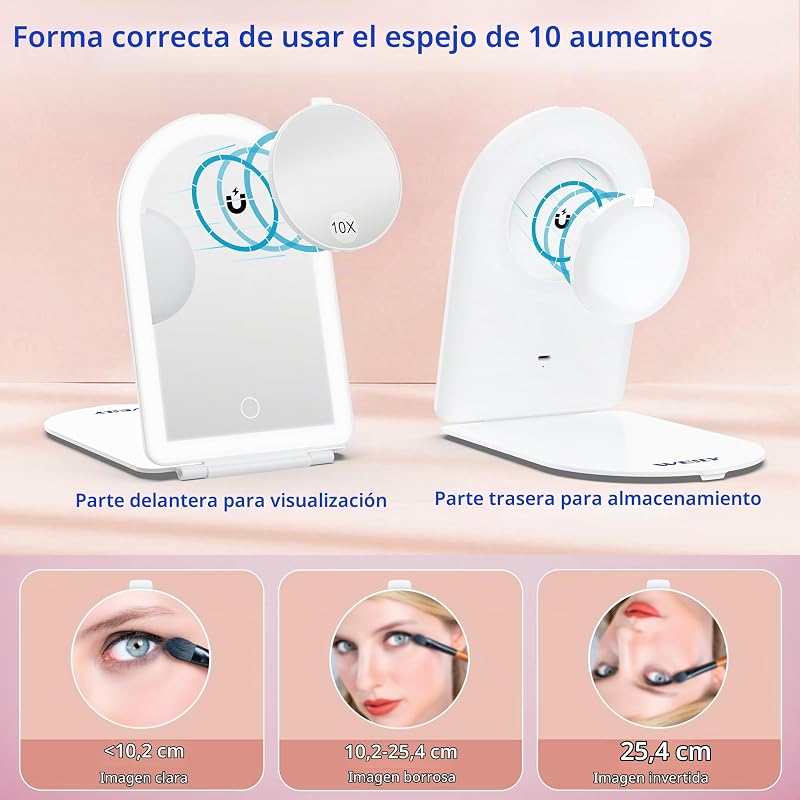 Espejo Maquillaje con Luz 1X/10X, Espejo Aumento con 3 Luces de Color, Control Táctil, Recargable Portátil Espejo para Dormitorio y Baño