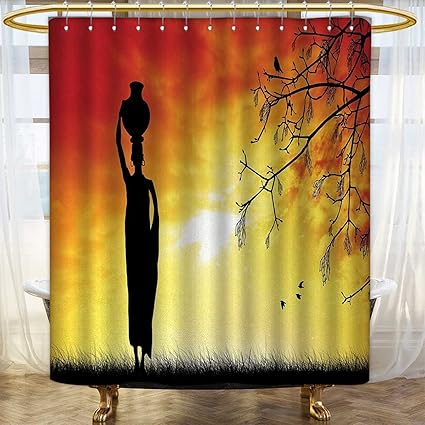 African Print Shower Curtain Silhouette Of A Local Lady With Pot