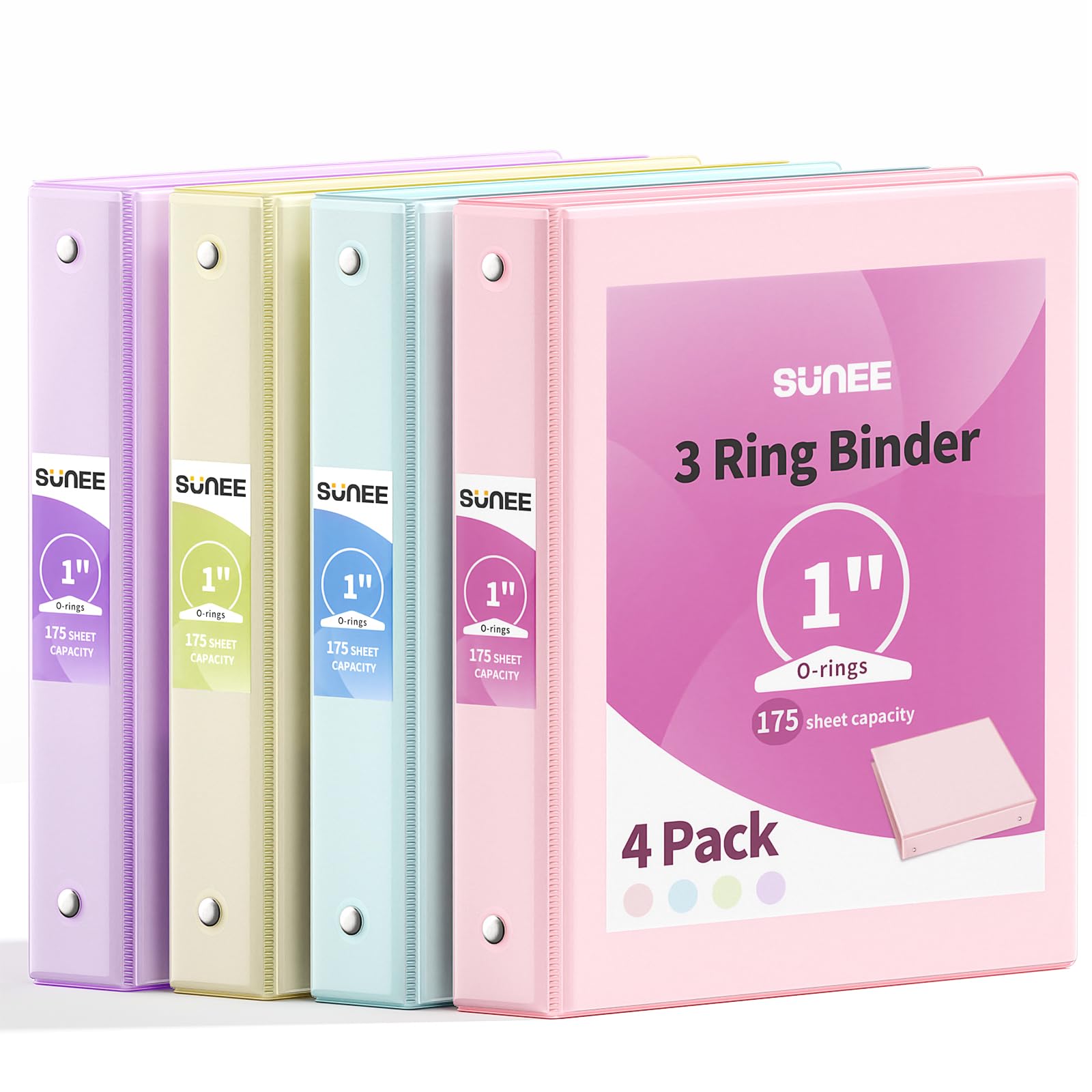 Photo 1 of SUNEE 3 Ring Binder 1 Inch 4 Pack, Clear View 1" Binders Three Ring PVC-Free (Fit 8.5x11 Inches) for School or Office Supplies, Assorted Pastel