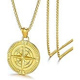 FSYAEGZA Men's Compass Pendant Necklace, Stainless Steel Compass Circle Vintage Coin Necklace Navigator Forged for Male Talisman Travel Jewelry
