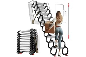 ESAFIO 3.4M/12Ft Attic Ladder Pull Down System, 2600 lbs Wall Mounted Attic Ladder, 12 Steps Aluminum Alloy Attic Stairs, Suitable for Attics, Garages, Roofs, Basements, Black (Black)