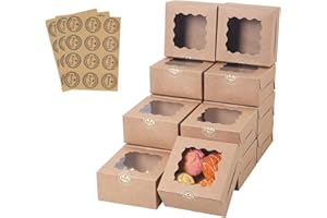 PFAMKEER 36 pcs 6x6x3 Inches Small Cake Box with Window, Bakery Pastry Cookie Boxes, Mini Pie for Pastry,Dessert,Strawberries,Chocolates, Cupcakes with paper stickers (Brown)
